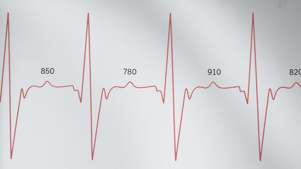 Grafični prikaz srčnega utripa, ki ponazarja variabilnost srčnega utripa (HRV) z različnimi časovnimi intervali med udarci: 850 ms, 780 ms, 910 ms in 820 ms.