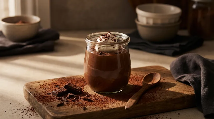Temen čokoladni mousse pripravljen z avokadom v steklenem kozarčku