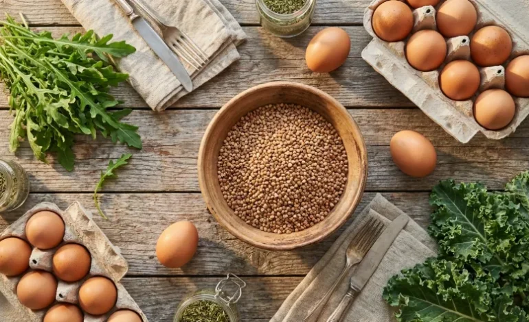 Naravna živila brez glutena: ajdova kaša, jajca in zelenjava na leseni mizi