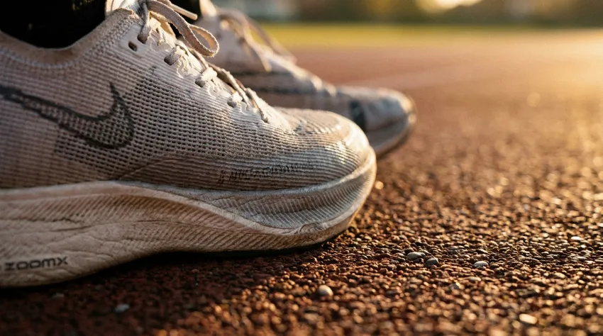 Close up of running shoes on a track