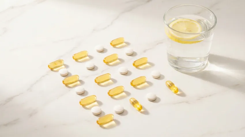 Omega-3 kapsule in vitaminske tablete na čisti podlagi