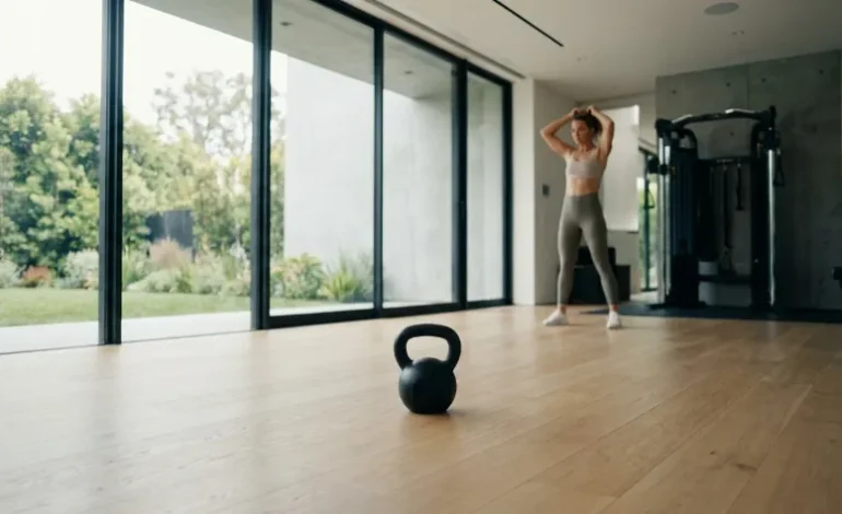 Litoželezna kettlebell utež na tleh v svetlem domačem fitnesu
