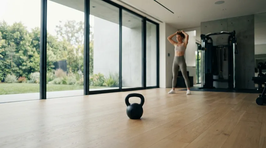 Litoželezna kettlebell utež na tleh v svetlem domačem fitnesu