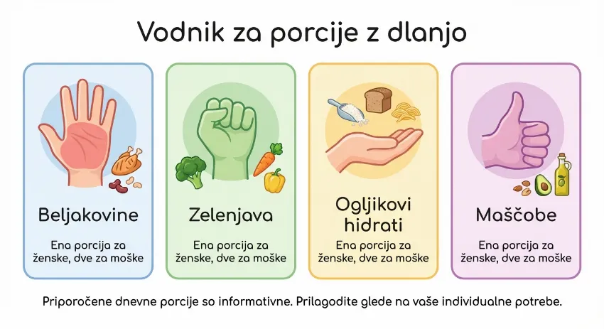 Infografika za merjenje porcij hrane z dlanjo