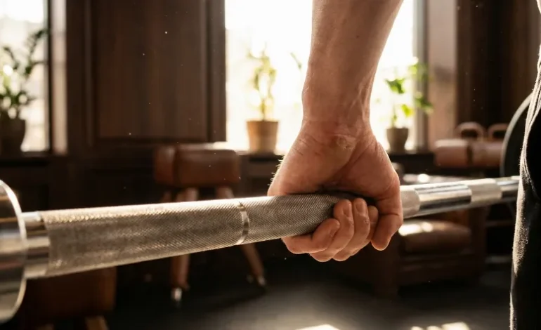 Močan moški oprijem na fitnes drogu v svetlem telovadnem prostoru