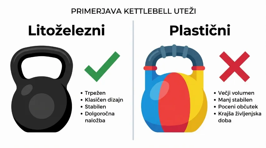 Infografika primerjave med litoželeznim in plastičnim kettlebellom
