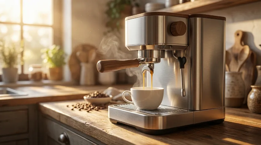 Priprava sveže espresso kave v keramično skodelico