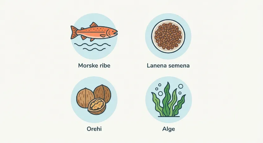 Prikaz virov Omega-3: ribe, semena, orehi in alge