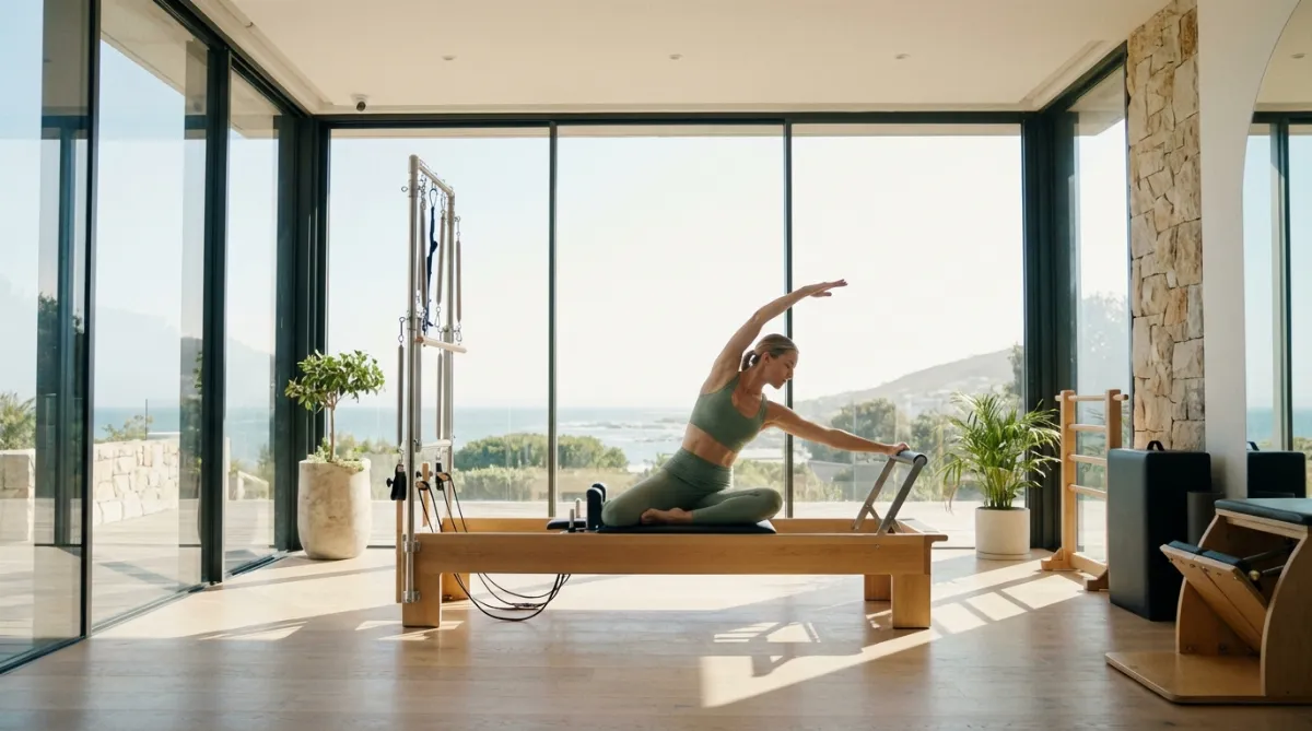 Ženska izvaja vajo na reformer pilates napravi v svetlem studiu