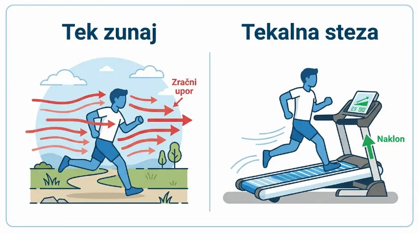 Grafični prikaz razlike med tekom zunaj in na tekalni stezi z naklonom.
