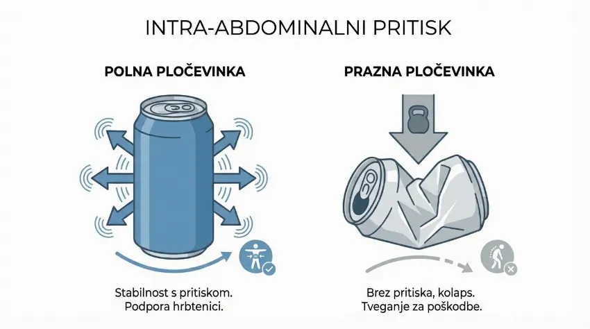 Infografika, ki prikazuje princip intra-abdominalnega pritiska s pomočjo polne in prazne pločevinke.