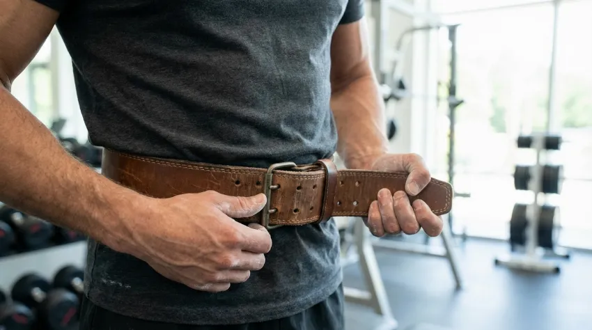 Bližnji posnetek moškega trupa z usnjenim fitnes pasom, ob katerega se opirajo napete trebušne mišice.