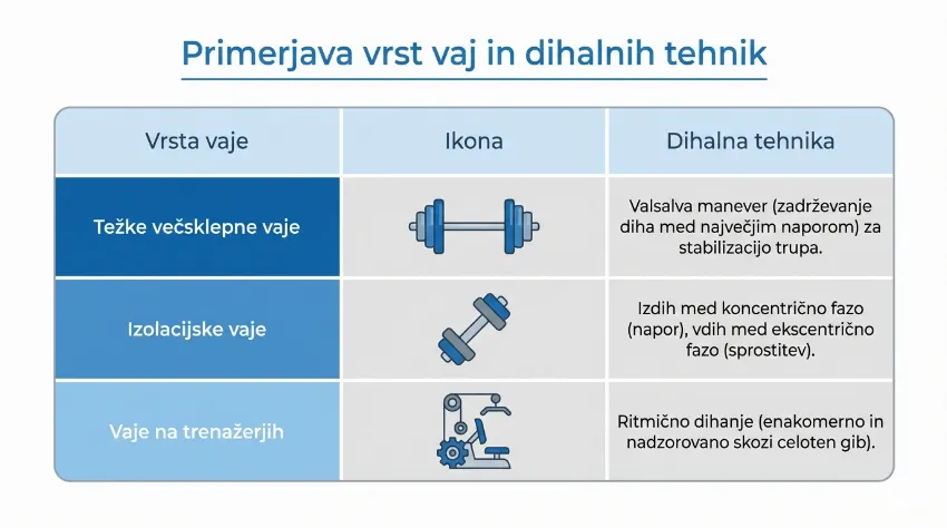 Tabela, ki prikazuje razliko v tehniki dihanja pri večsklepnih in izolacijskih vajah.