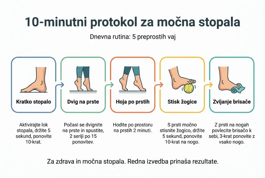 Infografika, ki prikazuje 10-minutni dnevni protokol vaj za močna stopala.